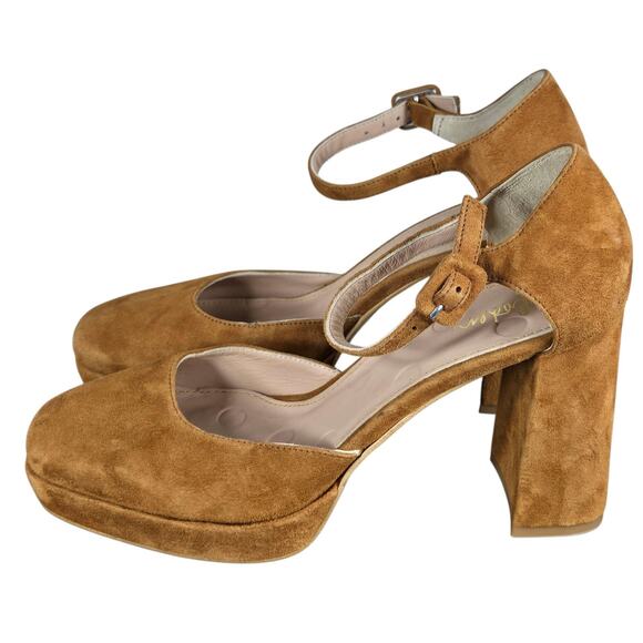 Boden Tan Suede Platform Mary Jane Heels EU 39 US 8.5 Block Heel Made in Spain - Picture 3 of 10